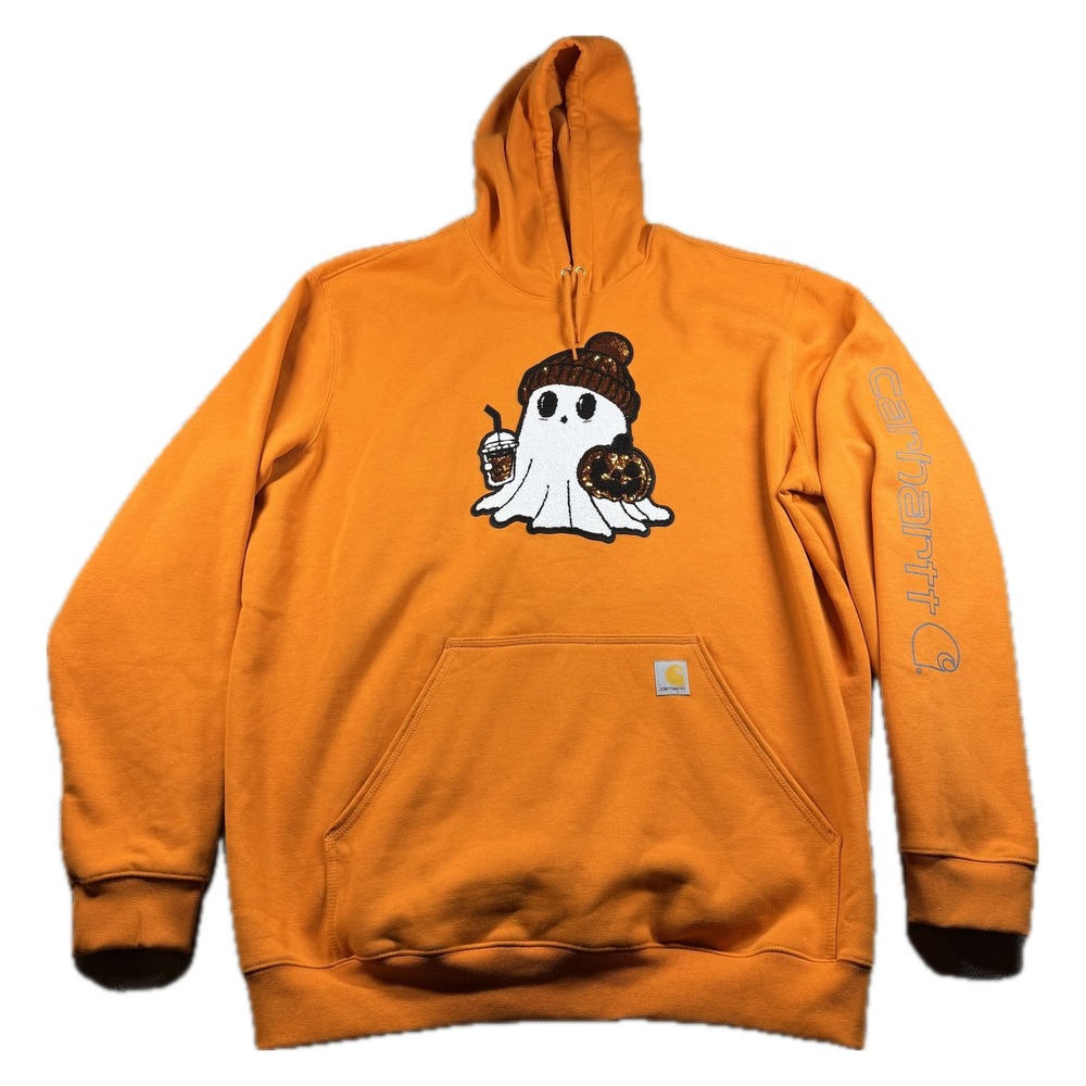 Carhartt Hoodie 2XL Tall Orange Custom Halloween Ghost Pumpkin Sequin Loose Fit
